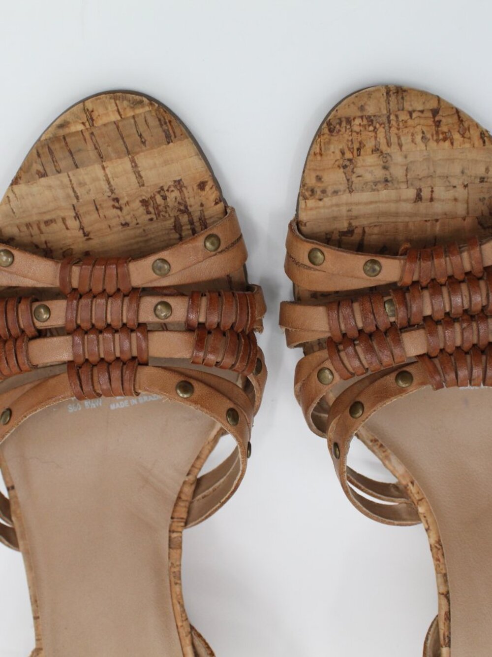 VINTAGE 1970s Strappy Beaded Leather Sandals Cork Wedge Heel Sz 8.5W BOHO EARTHY
